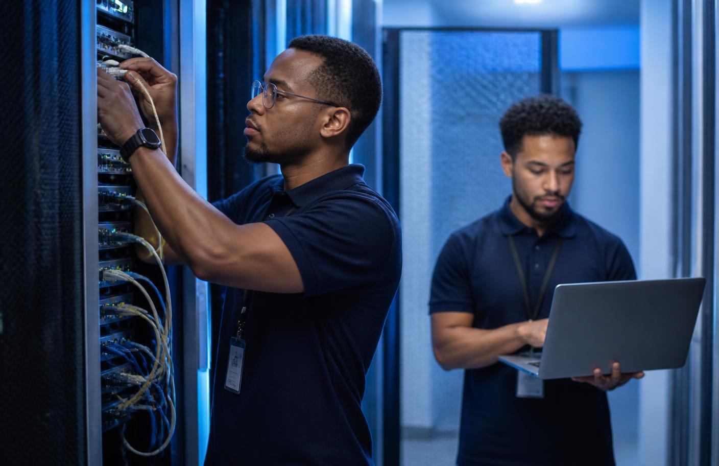 Techniciens Voomnet Technology intervenant sur une infrastructure réseau à Abidjan
